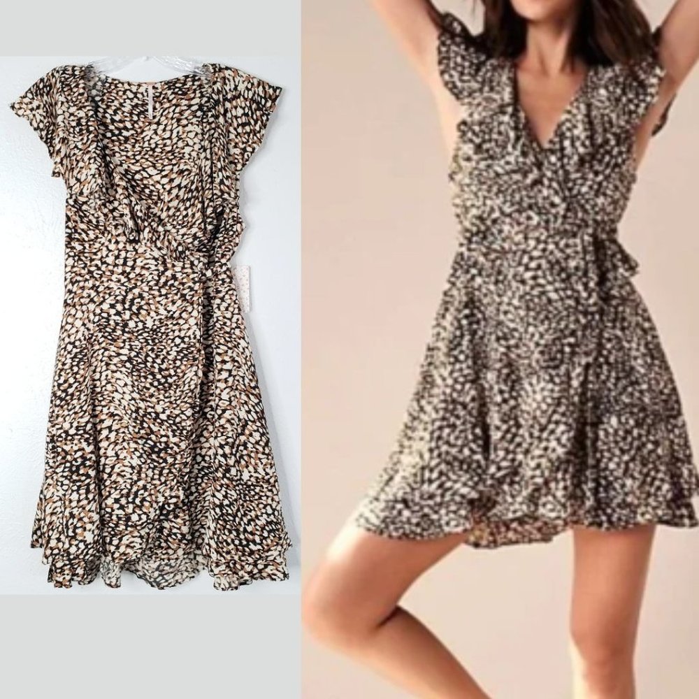 Free People Printed Wrap Dress Animal Leopard Print Brown Flutter Sleeve Flowy